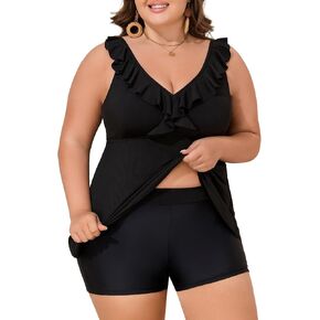 Summer Mae Ribbed Plus Size Tankini Swimsuits for Women Ruffle Two Piece Bathing Suit with Boyshorts 2025 Swimwear
