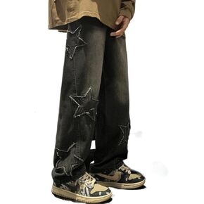 Y2K Vintage Men Korean Blue Streetwear Oversize Star Aesthetic Straight Trousers Wide Leg Jeans Grunge Denim Pants