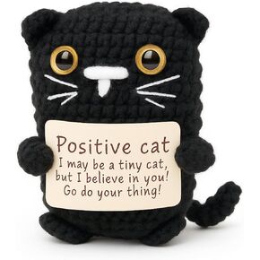 Positive Crochet Cat Mini Animal Emotional Cheer Up Support Gifts, Funny Crochet Black Mini Handmade Cat for Women Men Friends Mom Daughter Son Teen Birthday Mothers Day Decor Graduation Gifts