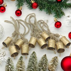 Vintage Rustic Lucky Tin Metal Cow Bells, Christmas Décor, 10 Cylinder Bells on Jute Rope