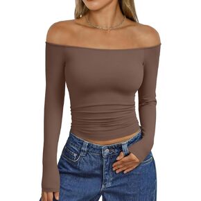Trendy Queen Womens Long Sleeve Off Shoulder Tops Going Out Cute Basic Y2K Fall Fashion 2025 Outfits Clothes