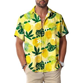 قميص Kyku Hawaiian للرجال: زر Lemons قصير الأكمام ملابس الملابس الأصفر L.