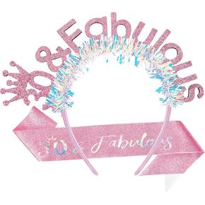 AOPRIE 30 & Fabulous Birthday Sash for Women Birthday Tiara & Crowns Headbands for Girls Happy Birthday Accessories Favor Supllies Pink, 2 Pack