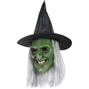 MCJC Halloween Witch Mask with Hat, Green Horror Face Costume Accessory, Scary Evil Zombie Mask