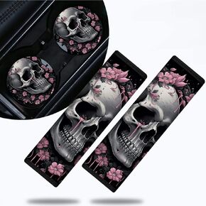 Car Seat Strap Pads for Kids and Car Cup Holder Coaster x 2 Pcs, Soft Comfort Seat Belt Cushion for Children, Car Interior Accessories Seat Belt for Adults Girls and Boys, Pink Skull Flowers