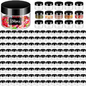 Aoriher 150 Pcs Plastic Container Jars with Lids Round Cosmetic Jars Empty Plastic Container for Lotion, Cream, Ointments, Makeup, Eye Shadow, Rhinestone, Samples, Pot, Travel Storage(2 oz,Black)