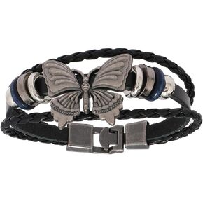 POYAMUSE Retro Leather Bracelet with Colorful Beads, Star and Music Note Charms, Y2K Style Butterfly Charm Leather Bracelet for Women Men Vintage Jewelry