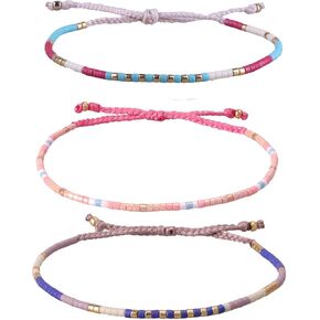 KELITCH 3 Pcs Colorful Beaded Bracelets Friendship Thin Strand Bracelets Handmade Links Bracelet For Women
