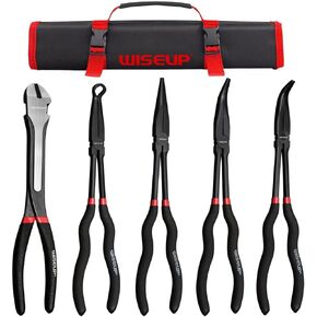 Wiseup 5pcs إبرة طويلة الأنف الزلايا مجموعة ， الصلب الكربوني الممتاز ， 11 "الوصول الطويل مستقيم ， 45 درجة عازمة أنف ， 90 درجة ثنائية الأنف plier ， كماشة قطرية للمساحات الضيقة