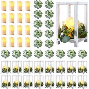 Neoflavie16 Set 48 Pcs Wooden Wedding Lantern Centerpiece,Include 16 Wooden Candle Holders 16 LED Candles 16 Eucalyptus Leaves Wreath for Rustic Table Decoration,Country Barn Wedding,Party-Retro White