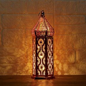 Moroccan Style Temple Hollow Iron Lantern, Vintage Ramadan Lamp Home Decoration Lights Ornaments,Hanging Metal Candle Holders Battery Operated for Table Indoor Decor（13.4 Inch Rose Gold）