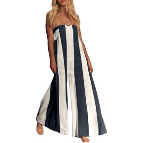 MISSACTIVER Summer Wide Leg Jumpsuits for Women Striped Strapless Long Rompers 2025 Sleeveless One Piece Outfits with Pocket(Small,Black-White)
