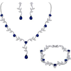 Crysdue Wedding Vine Jewelry Set for Brides Bridesmaid, Cubic Zirconia Elegance Teardrop Necklace Bracelet Dangle Earrings for Wedding Prom Party, Leaves Bridal Jewelry
