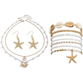 Shell Starfish Necklace Earrings Bracelets Boho Summer Beach Seashell Layered Charm Necklace Beaded Bracelet for Women Holiday Jewelry Set