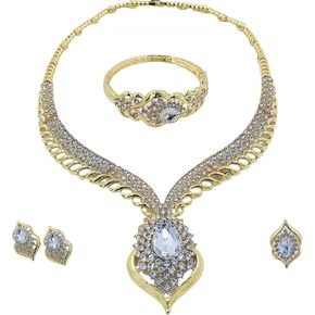 Gold Jewelry Sets for Women,Dubai Statement Necklaces Gold Bracelets Open Hoop Earrings Ring Fashion Crystal Wedding Costume Jewelry Accessories Set Graduation Birthday Wedding Prom