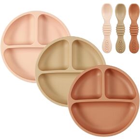 PandaEar Suction Plates for Baby, 3 Pack Silicone Plates & Spoons for Baby Toddlers Infant Kids, Divided Toddler Suction Plate Baby Dish Set, Non-Slip, Non-Toxic, BPA Free in Kuwait