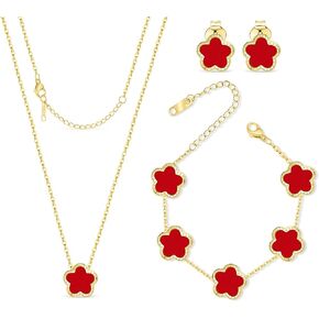 Five Leaf Clover Jewelry Set for Women 18K Gold Plated Bracelet Necklace Earrings 5 Leaf Lucky Pendant and Ear Studs for Mother and Daughter