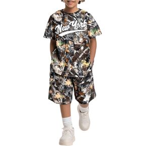 Boy's 2 Piece Summer Outfits Camo Letter Graphic T Shirt and Track Short Sets Cool Outfits