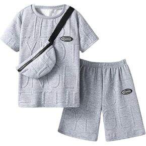 GORGLITTER Boy's 3 Piece Letter Patched Outfit with Crossbody Bag Crewneck Tee Elastic Waist Shorts Set