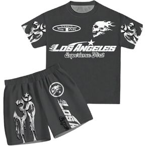 Verdusa Boy's 2 Piece Gothic Outfits Letter Print Graphic Tees with Track Shorts Set