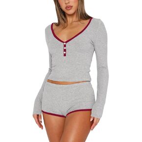 Lacozy Sexy V Neck Pajamas for Women Sets 2 Piece Y2k Pjs Nightwear Lounge Sets Long Sleeve Crop Top and Short Sets