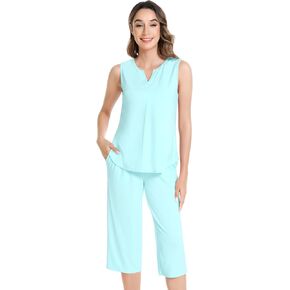 NACHILA Pajamas for Women-Viscose Made from Bamboo, Sleeveless Pjs Top and Capri Pants Pajama Set Cool Sleepwear