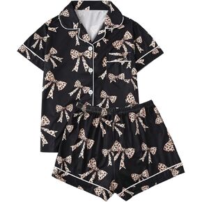 Verdusa Women's 2 Piece Floral Bow Pajama Set Short Sleeve Button Down Shirt and Shorts Set