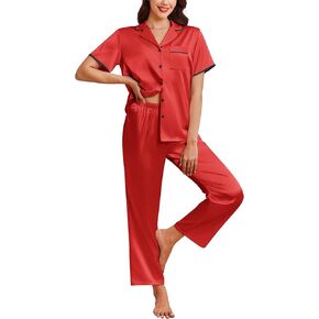 Ekouaer Womens Silk Satin Pajama Sets 2 Piece Button Up Bride Pjs Soft Short Sleeve Sleepwear Long Pants Loungewear, S-XXL