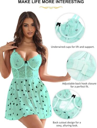 ohyeahlady Lingerie for Women Mesh Lace Babydoll Sleepwear V-Neck Underwire Chemise Halter Mesh Nightdress Nighty S-XXL in Saudi Arabia