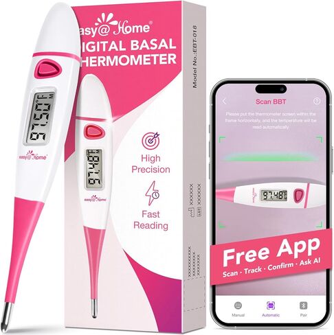 مقياس حرارة الجسم القاعدي Easy@Home: BBT للتنبؤ بالخصوبة مع استدعاء الذاكرة - مقياس حرارة أساسي رقمي دقيق لمراقبة درجة الحرارة مع تطبيق Premom - EBT-018 (وردي) in Saudi Arabia
