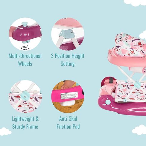 Dream On Me 2-in-1 Convertible Baby Steps Baby Walker in Pink, Adjustable Three Position Height Setting, Removable Tray, Easy to Fold and Store Baby Walker in Saudi Arabia