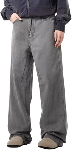 Wide Leg Jeans Men Y2k Baggy Hip Hop Grey Jeans Casual Loose Fit Skater Denim Pants Vintage Oversized Pants Streetwear in Kuwait