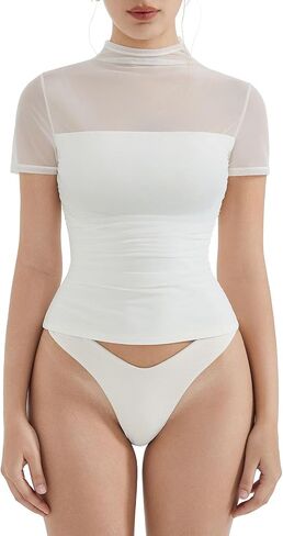 SUUKSESS Women Sexy Mesh Sheer Short Sleeve Tops Mock Neck Ruched Going Out Shirts in Saudi Arabia