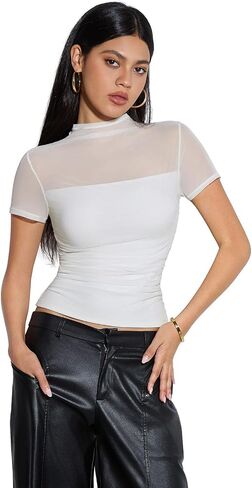 SUUKSESS Women Sexy Mesh Sheer Short Sleeve Tops Mock Neck Ruched Going Out Shirts in Saudi Arabia