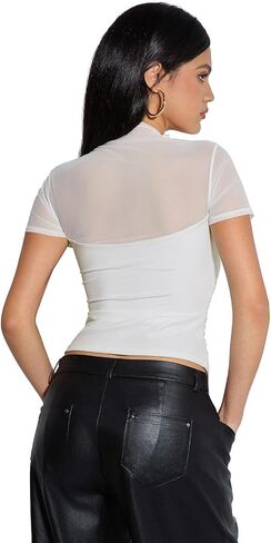 SUUKSESS Women Sexy Mesh Sheer Short Sleeve Tops Mock Neck Ruched Going Out Shirts in Saudi Arabia