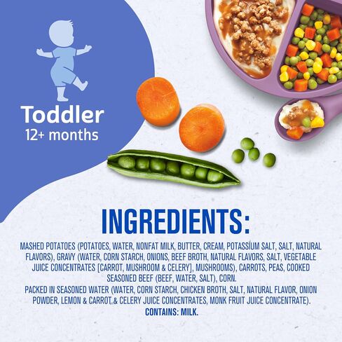 Gerber Baby Food, Mashed Potatoes & Seasoned Beef in Gravy and a side of Carrots, Peas and Corn, Toddler Food with Farm Grown Veggies, Toddler Meal, No Preservatives, 6.67 oz Ounce in Saudi Arabia