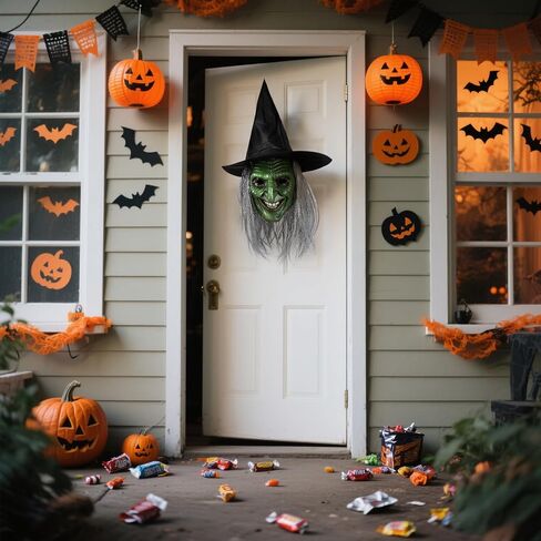 MCJC Halloween Witch Mask with Hat, Green Horror Face Costume Accessory, Scary Evil Zombie Mask in Saudi Arabia