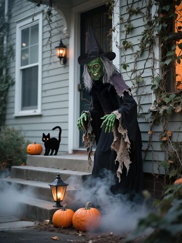 MCJC Halloween Witch Mask with Hat, Green Horror Face Costume Accessory, Scary Evil Zombie Mask in Saudi Arabia