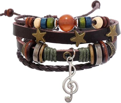 POYAMUSE Retro Leather Bracelet with Colorful Beads, Star and Music Note Charms, Y2K Style Butterfly Charm Leather Bracelet for Women Men Vintage Jewelry in Saudi Arabia