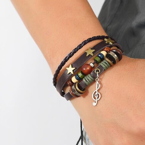 POYAMUSE Retro Leather Bracelet with Colorful Beads, Star and Music Note Charms, Y2K Style Butterfly Charm Leather Bracelet for Women Men Vintage Jewelry in Saudi Arabia