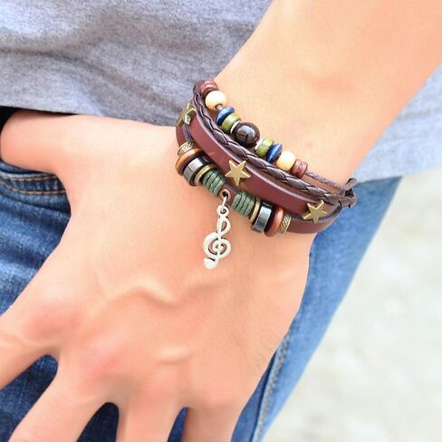 POYAMUSE Retro Leather Bracelet with Colorful Beads, Star and Music Note Charms, Y2K Style Butterfly Charm Leather Bracelet for Women Men Vintage Jewelry in Saudi Arabia