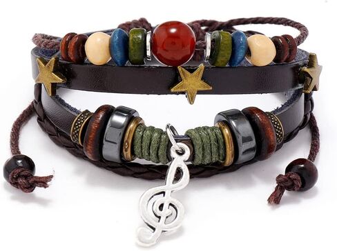 POYAMUSE Retro Leather Bracelet with Colorful Beads, Star and Music Note Charms, Y2K Style Butterfly Charm Leather Bracelet for Women Men Vintage Jewelry in Saudi Arabia