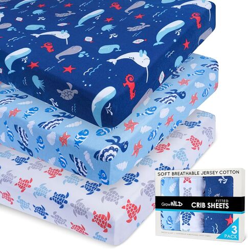 GROW WILD Crib Sheets for Boys (3 Pack), Baby Crib Sheets Soft & Fitted, Crib Mattress Sheet or Toddler Bed Sheets | Crib Sheet Ocean Whale Turtle in Saudi Arabia