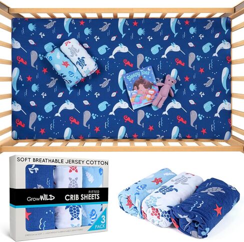 GROW WILD Crib Sheets for Boys (3 Pack), Baby Crib Sheets Soft & Fitted, Crib Mattress Sheet or Toddler Bed Sheets | Crib Sheet Ocean Whale Turtle in Saudi Arabia