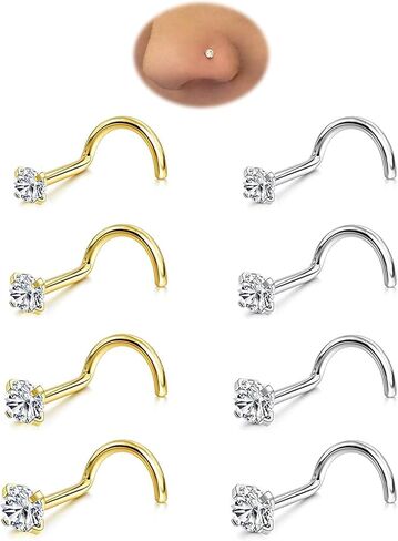 أزرار حلقات الأنف مجموعة للنساء الرجال: 8pcs 20g الذهب/الفضة 316L لجراحة الفولاذ المقاوم للصدأ أنف الأزرار hypoallergenic أنف ثقب المجوهر in Kuwait