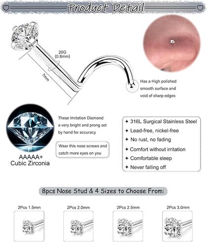 أزرار حلقات الأنف مجموعة للنساء الرجال: 8pcs 20g الذهب/الفضة 316L لجراحة الفولاذ المقاوم للصدأ أنف الأزرار hypoallergenic أنف ثقب المجوهر in Kuwait