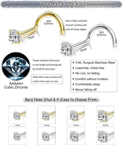 أزرار حلقات الأنف مجموعة للنساء الرجال: 8pcs 20g الذهب/الفضة 316L لجراحة الفولاذ المقاوم للصدأ أنف الأزرار hypoallergenic أنف ثقب المجوهر in Kuwait