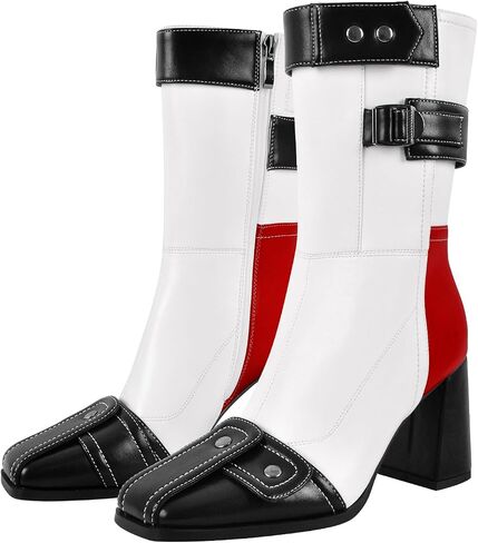 Women's Racer Bootie Chunky Heel Mid Calf Booties Motorcycle Boots Short Boots Pull on Side Zipper Fashion Bootie in Saudi Arabia