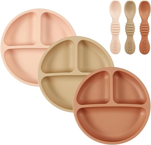 PandaEar Suction Plates for Baby, 3 Pack Silicone Plates & Spoons for Baby Toddlers Infant Kids, Divided Toddler Suction Plate Baby Dish Set, Non-Slip, Non-Toxic, BPA Free in Kuwait