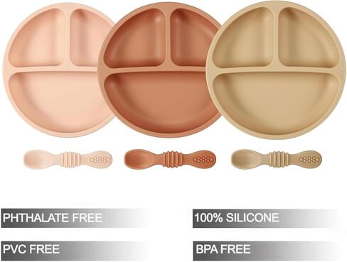 PandaEar Suction Plates for Baby, 3 Pack Silicone Plates & Spoons for Baby Toddlers Infant Kids, Divided Toddler Suction Plate Baby Dish Set, Non-Slip, Non-Toxic, BPA Free in Kuwait